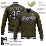 Personalized Olive Navy-White Bomber Full-Snap Varsity Letterman Salute To Service Jacket Team Custom Name and Number