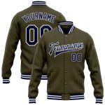 Personalized Olive Navy-White Bomber Full-Snap Varsity Letterman Salute To Service Jacket Team Custom Name and Number