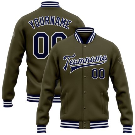 Personalized Olive Navy-White Bomber Full-Snap Varsity Letterman Salute To Service Jacket Team Custom Name and Number