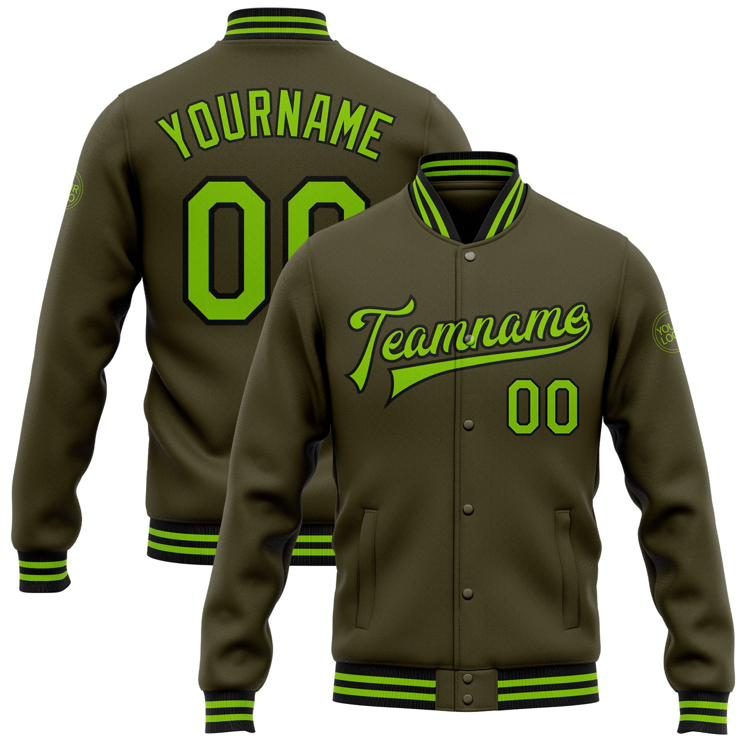 Personalized Olive Neon Green-Black Bomber Full-Snap Varsity Letterman Salute To Service Jacket Team Custom Name and Number