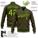 Personalized Olive Neon Green-Black Bomber Full-Snap Varsity Letterman Salute To Service Jacket Team Custom Name and Number