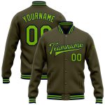 Personalized Olive Neon Green-Navy Bomber Full-Snap Varsity Letterman Salute To Service Jacket Team Custom Name and Number