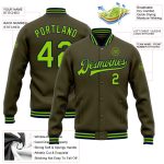 Personalized Olive Neon Green-Navy Bomber Full-Snap Varsity Letterman Salute To Service Jacket Team Custom Name and Number