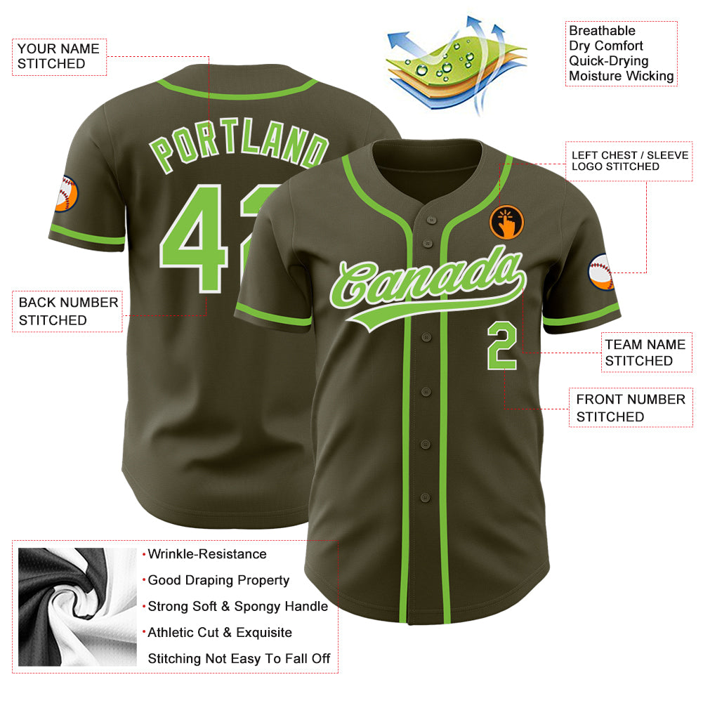 Personalized Olive Neon Green-White Authentic Salute To Service Baseball Jersey Personalized Olive Neon Green-White Authentic Salute To Service Baseball Jersey - Image 3