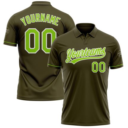 Personalized Olive Neon Green-White Performance Vapor Salute To Service Golf Polo Shirt Team Custom Name and Number