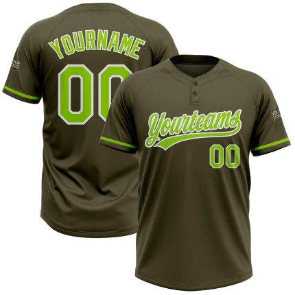 Personalized Olive Neon Green-White Salute To Service Two-Button Unisex Softball Jersey Team Custom Name and Number