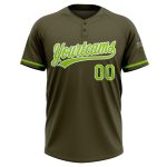Personalized Olive Neon Green-White Salute To Service Two-Button Unisex Softball Jersey Team Custom Name and Number