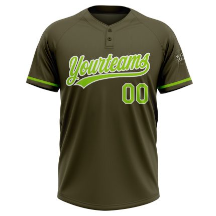 Personalized Olive Neon Green-White Salute To Service Two-Button Unisex Softball Jersey Team Custom Name and Number