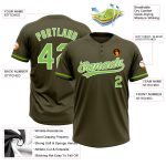 Personalized Olive Neon Green-White Salute To Service Two-Button Unisex Softball Jersey Team Custom Name and Number