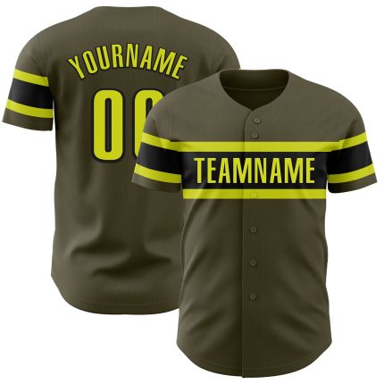 Personalized Olive Neon Yellow-Black Authentic Salute To Service Baseball Jersey