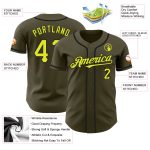 Personalized Olive Neon Yellow-Black Authentic Salute To Service Baseball Jersey Team Custom Name and Number
