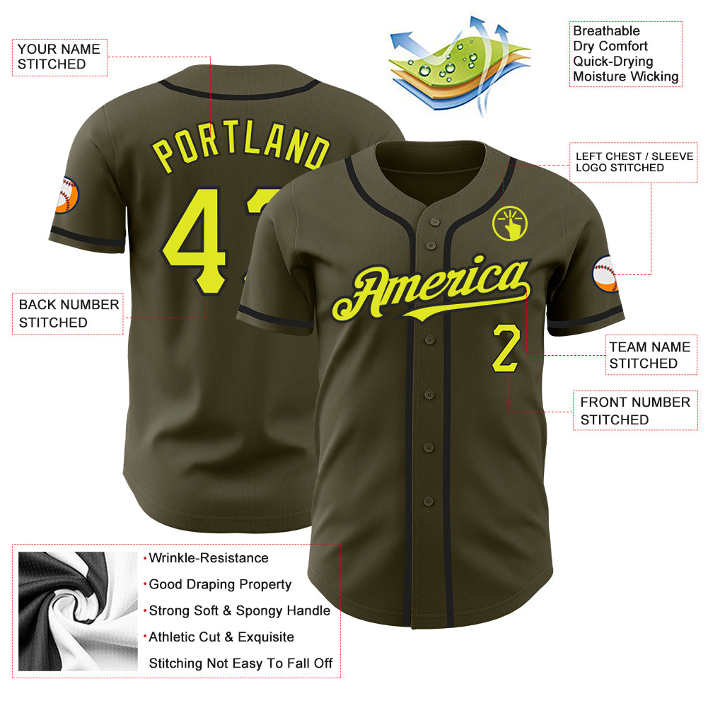 Personalized Olive Neon Yellow-Black Authentic Salute To Service Baseball Jersey Team Custom Name and Number Personalized Olive Neon Yellow-Black Authentic Salute To Service Baseball Jersey Team Custom Name and Number - Image 3