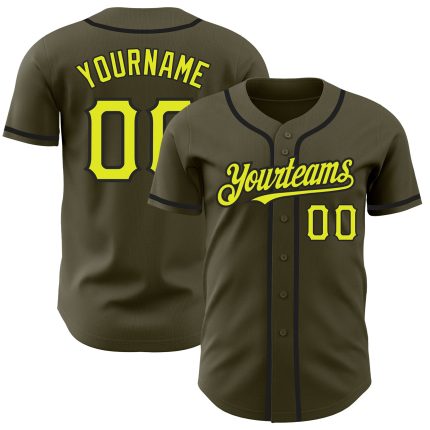 Personalized Olive Neon Yellow-Black Authentic Salute To Service Baseball Jersey Team Custom Name and Number