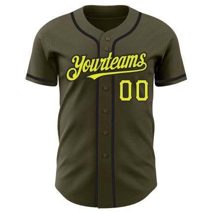 Personalized Olive Neon Yellow-Black Authentic Salute To Service Baseball Jersey Team Custom Name and Number