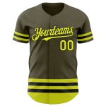Personalized Olive Neon Yellow-Black Line Authentic Salute To Service Baseball Jersey Team Custom Name and Number