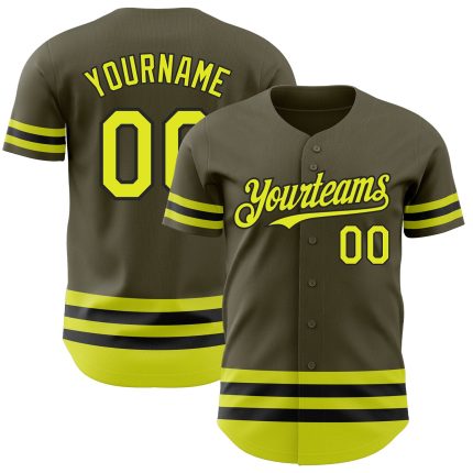 Personalized Olive Neon Yellow-Black Line Authentic Salute To Service Baseball Jersey Team Custom Name and Number