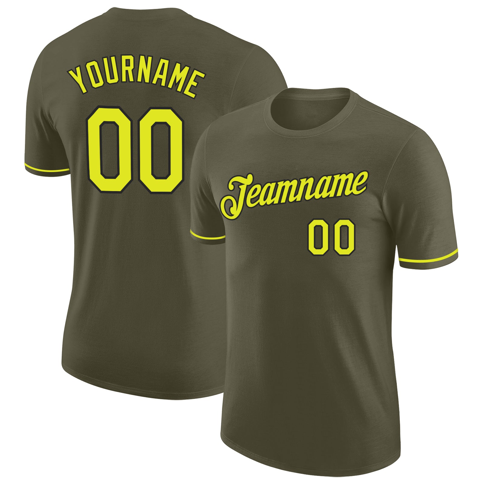 Personalized Olive Neon Yellow-Black Performance Salute To Service T-Shirt Team Custom Name and Number