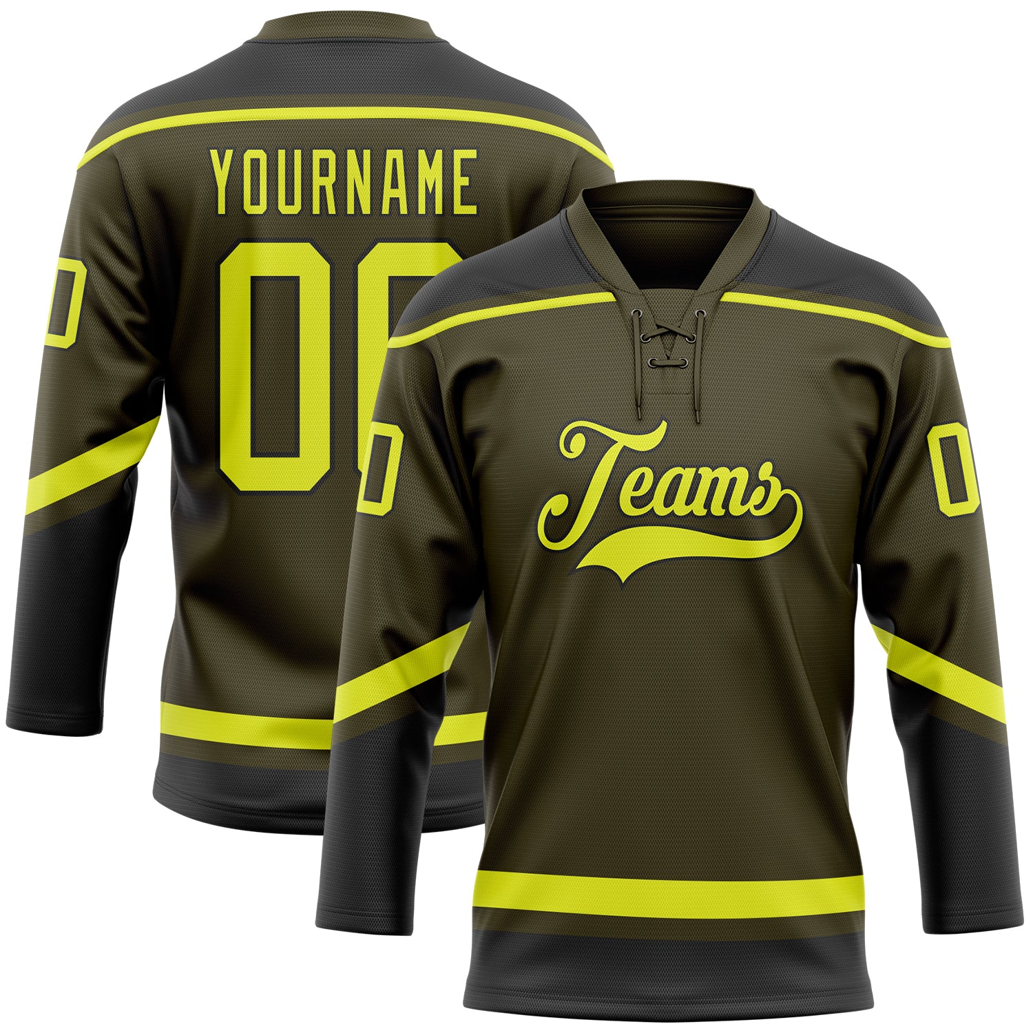 Personalized Olive Neon Yellow-Black Salute To Service Hockey Lace Neck Jersey Team Custom Name and Number