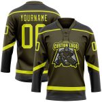 Personalized Olive Neon Yellow-Black Salute To Service Hockey Lace Neck Jersey Team Custom Name and Number