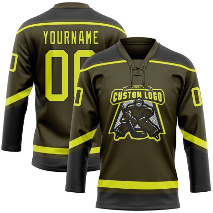 Personalized Olive Neon Yellow-Black Salute To Service Hockey Lace Neck Jersey Team Custom Name and Number