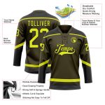 Personalized Olive Neon Yellow-Black Salute To Service Hockey Lace Neck Jersey Team Custom Name and Number