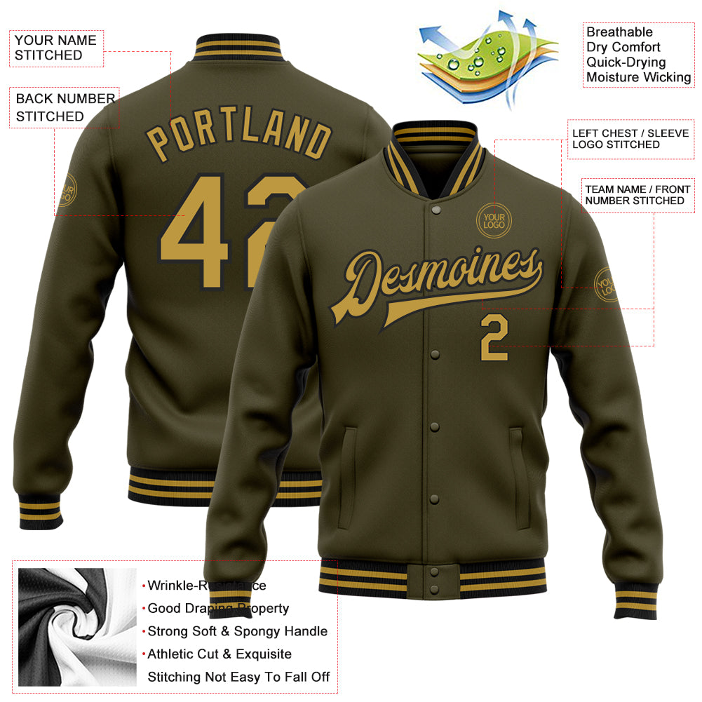 Personalized Olive Old Gold-Black Bomber Full-Snap Varsity Letterman Salute To Service Jacket Team Custom Name and Number Personalized Olive Old Gold-Black Bomber Full-Snap Varsity Letterman Salute To Service Jacket Team Custom Name and Number - Image 3