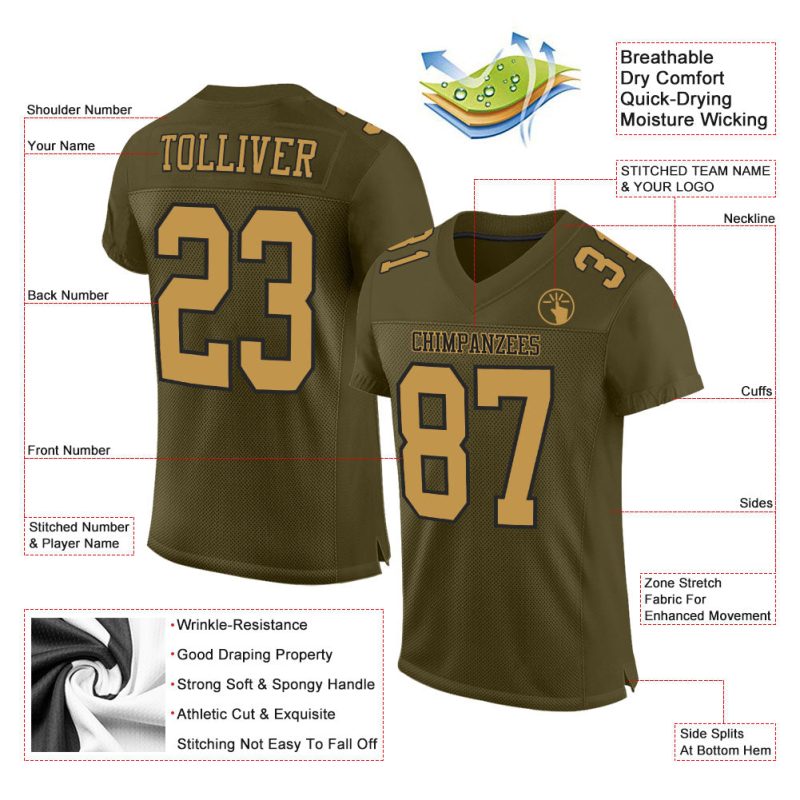 Personalized Olive Old Gold-Black Mesh Authentic Salute To Service Football Jersey Team Custom Name and Number