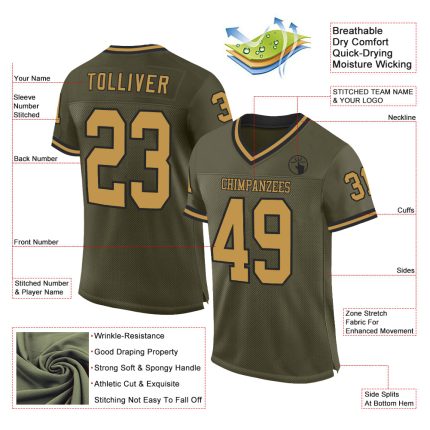 Personalized Olive Old Gold-Black Mesh Authentic Throwback Salute To Service Football Jersey Team Custom Name and Number
