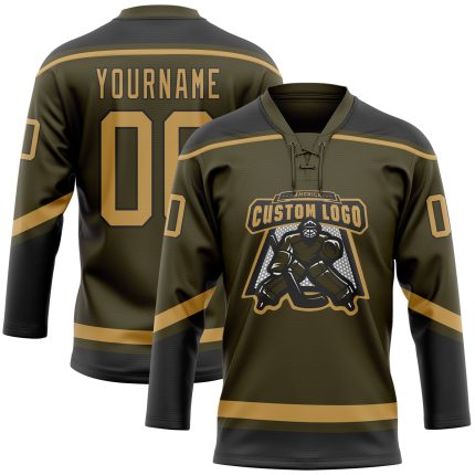 Personalized Olive Old Gold-Black Salute To Service Hockey Lace Neck Jersey Team Custom Name and Number