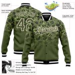 Personalized Olive Olive Cream-Black 3D Bomber Full-Snap Varsity Letterman Salute To Service Jacket Team Custom Name and Number