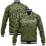 Personalized Olive Olive Cream-Black 3D Bomber Full-Snap Varsity Letterman Salute To Service Jacket Team Custom Name and Number
