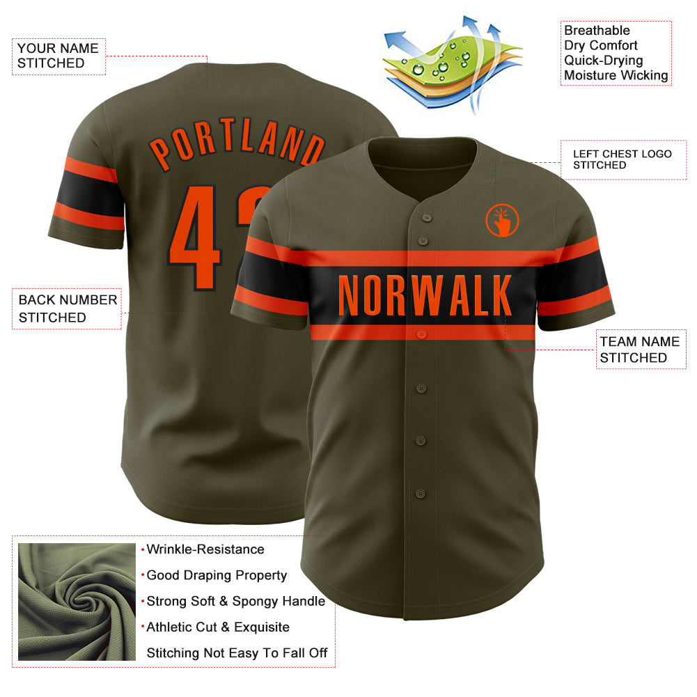 Personalized Olive Orange-Black Authentic Salute To Service Baseball Jersey Personalized Olive Orange-Black Authentic Salute To Service Baseball Jersey - Image 3