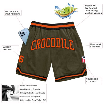 Personalized Olive Orange-Black Authentic Throwback Salute To Service Basketball Shorts Team Custom Name and Number