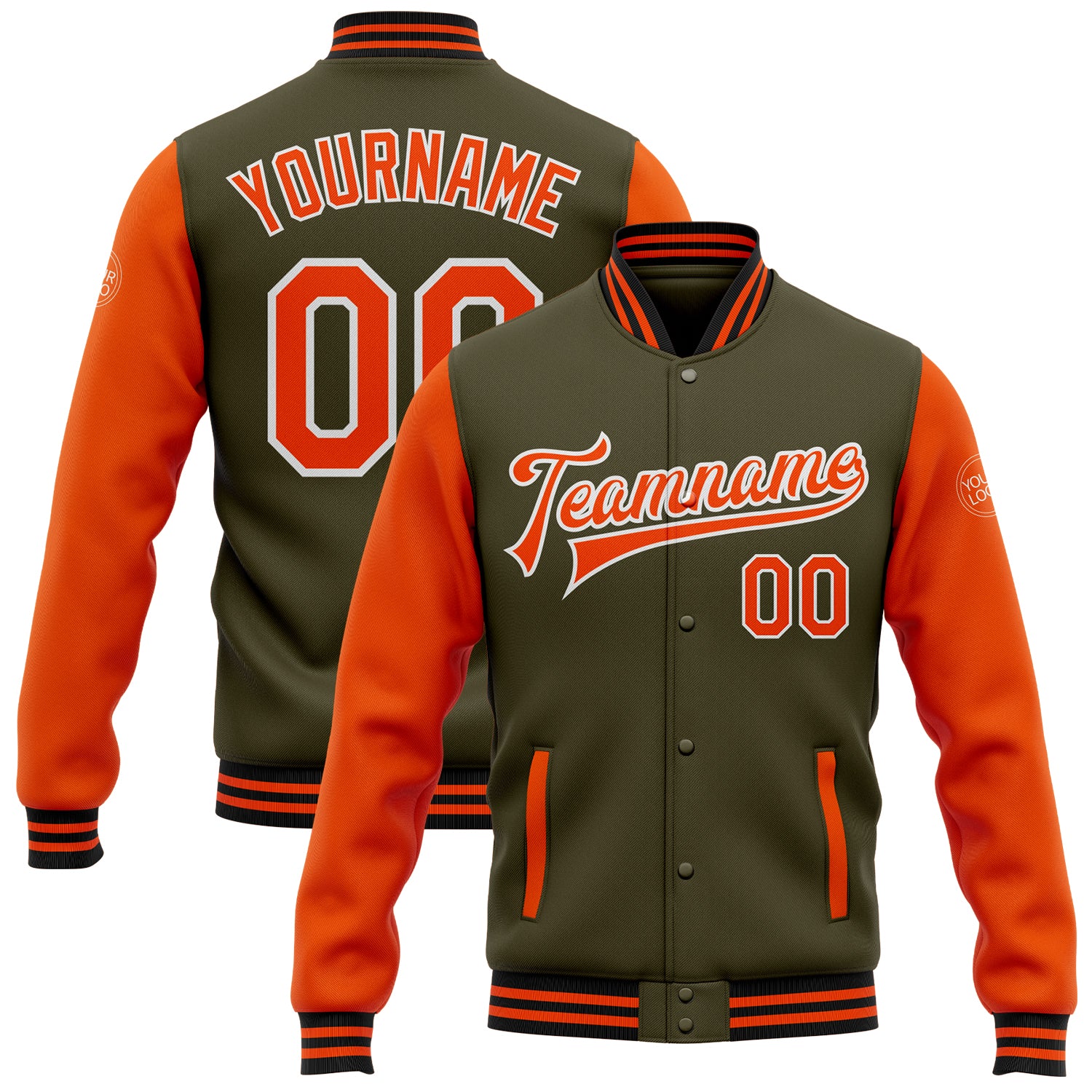 Personalized Olive Orange-Black Bomber Full-Snap Varsity Letterman Two Tone Salute To Service Jacket