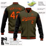 Personalized Olive Orange-Black Bomber Full-Snap Varsity Letterman Two Tone Salute To Service Jacket Team Custom Name and Number