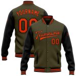 Personalized Olive Orange-Black Bomber Full-Snap Varsity Letterman Two Tone Salute To Service Jacket Team Custom Name and Number