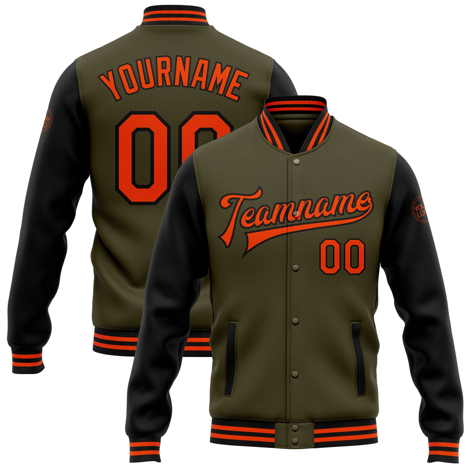 Personalized Olive Orange-Black Bomber Full-Snap Varsity Letterman Two Tone Salute To Service Jacket Team Custom Name and Number
