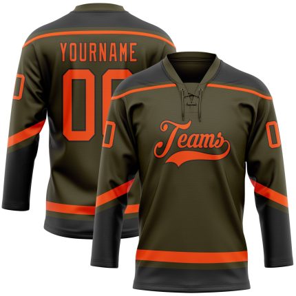 Personalized Olive Orange-Black Salute To Service Hockey Lace Neck Jersey Team Custom Name and Number
