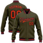 Personalized Olive Orange-Navy Bomber Full-Snap Varsity Letterman Salute To Service Jacket Team Custom Name and Number
