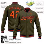 Personalized Olive Orange-Navy Bomber Full-Snap Varsity Letterman Salute To Service Jacket Team Custom Name and Number