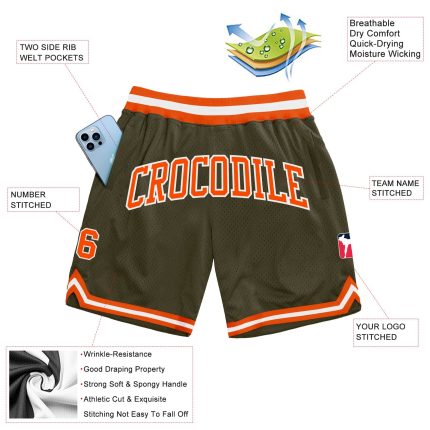 Personalized Olive Orange-White Authentic Throwback Salute To Service Basketball Shorts Team Custom Name and Number