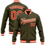 Personalized Olive Orange-White Bomber Full-Snap Varsity Letterman Salute To Service Jacket Team Custom Name and Number