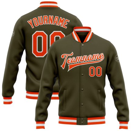 Personalized Olive Orange-White Bomber Full-Snap Varsity Letterman Salute To Service Jacket Team Custom Name and Number