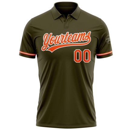Personalized Olive Orange-White Performance Vapor Salute To Service Golf Polo Shirt Team Custom Name and Number