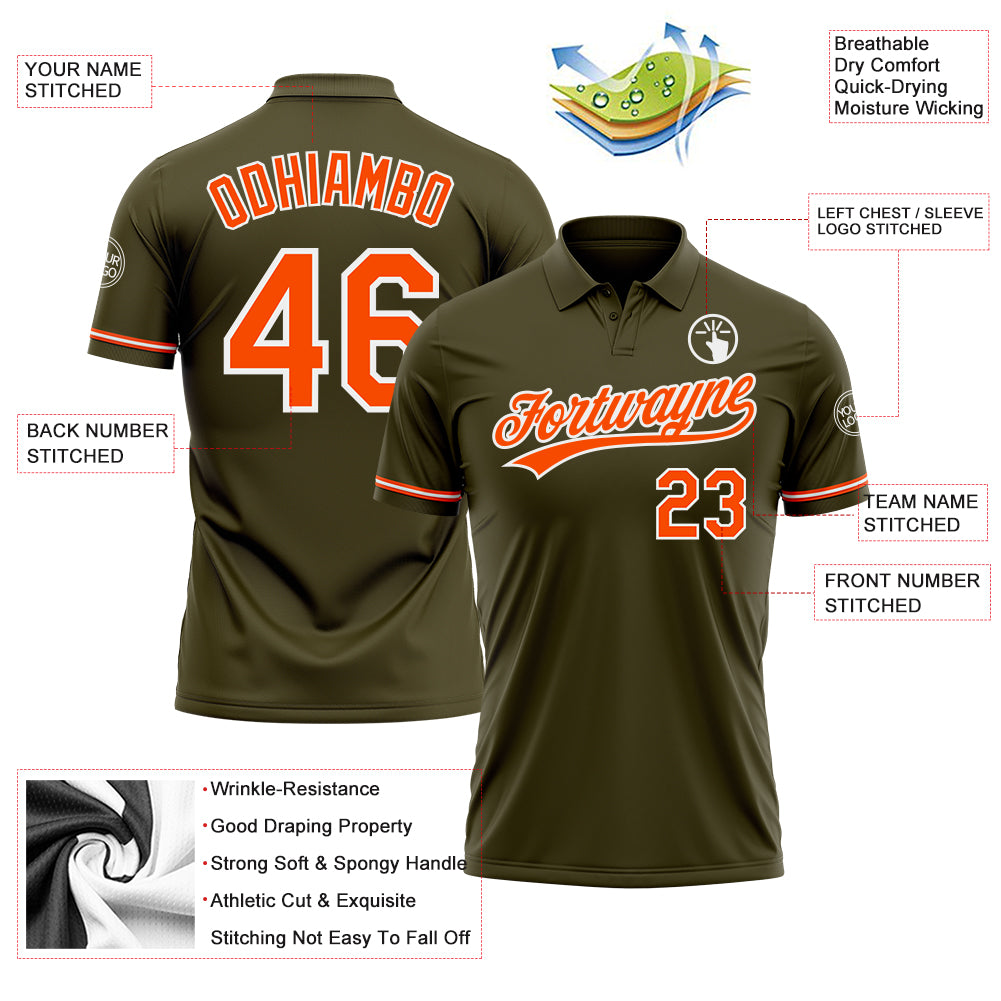 Personalized Olive Orange-White Performance Vapor Salute To Service Golf Polo Shirt Team Custom Name and Number Personalized Olive Orange-White Performance Vapor Salute To Service Golf Polo Shirt Team Custom Name and Number - Image 3