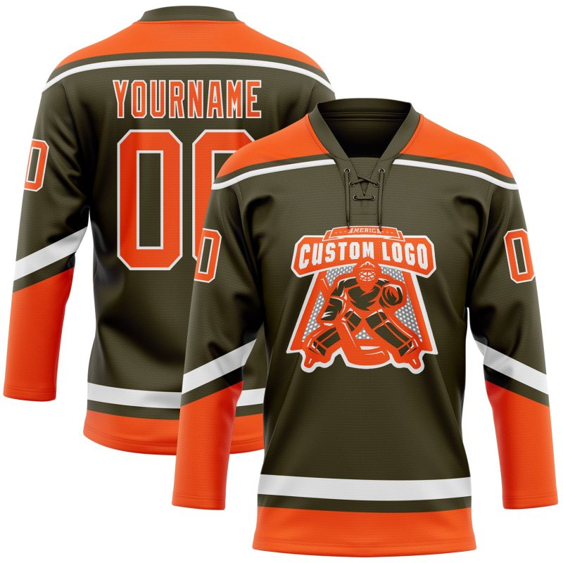 Personalized Olive Orange-White Salute To Service Hockey Lace Neck Jersey Team Custom Name and Number