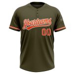Personalized Olive Orange-White Salute To Service Two-Button Unisex Softball Jersey