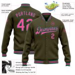 Personalized Olive Pink-Kelly Green Bomber Full-Snap Varsity Letterman Salute To Service Jacket Team Custom Name and Number
