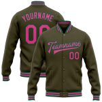 Personalized Olive Pink-Kelly Green Bomber Full-Snap Varsity Letterman Salute To Service Jacket Team Custom Name and Number