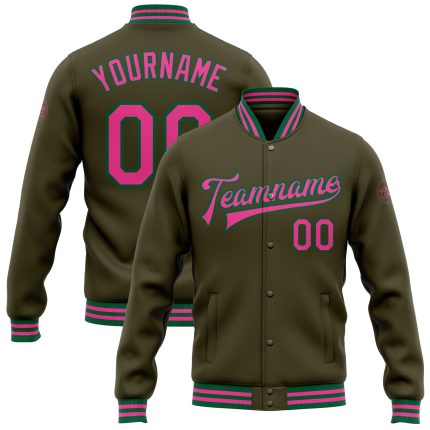 Personalized Olive Pink-Kelly Green Bomber Full-Snap Varsity Letterman Salute To Service Jacket Team Custom Name and Number